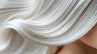 Smooth flowing platinum blonde hair strands in gentle waves against skin, macro close-up showing silky texture and natural shine for beauty and haircare concepts.