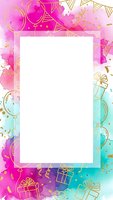 Colorful watercolor frame with gold gift boxes and party elements on white background for celebration designs and festive invitations.