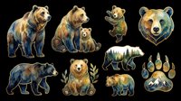 Grizzly bear family isolated on transparent background, ready for t-shirt design, clipart, stickers, sublimation and print-on-demand products.