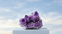 Purple amethyst crystal cluster on white pedestal against cloudy sky background for meditation, healing, and spiritual wellness concepts.
