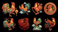 Rooster illustrations in traditional Asian style with vibrant red, orange, and gold colors, isolated on transparent background, ready for t-shirt design, clipart, stickers, sublimation, and print-on-demand projects.