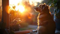 Dog sitting at window during golden sunset, backlit silhouette with warm sunlight streaming through glass, creating atmospheric mood with houseplants in foreground.