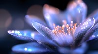 Delicate blue spring flower with water drops and glowing stamens in macro shot against dark background, creating magical nature atmosphere.