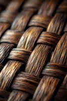 Close-up macro view of woven natural brown fibers showing intricate basket weave pattern with rich wooden tones and detailed texture for craft backgrounds.