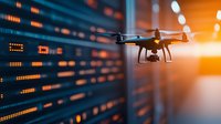 Modern drone flying near server racks in data center with orange sunset lighting effect, showcasing technology and surveillance capabilities in corporate environment.