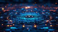 Glowing digital security lock surrounded by futuristic circuit patterns and data streams in blue technology background with orange light effects.