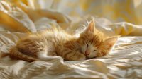 Adorable orange tabby kitten sleeping peacefully on soft white bedding with warm golden sunlight streaming through window creating cozy atmosphere.