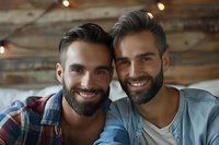 Portrait of two bearded men smiling at camera, wearing casual attire against wooden wall with bokeh lights. Perfect for LGBTQ+ representation, lifestyle blogs and inclusive advertising.