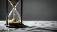 Elegant hourglass with golden sand flowing through glass bulbs in wooden frame on marble surface against gray background for time management concepts.