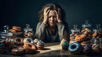 Stressed middle-aged woman with blonde hair surrounded by assorted pastries, donuts, and sweets on table, holding head in hands, expressing food temptation and dietary conflict.