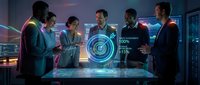 Business team analyzing holographic data visualization in modern office with futuristic technology interface for strategic planning and decision making.