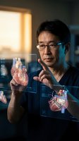 Asian male doctor examining holographic heart anatomy display on futuristic medical interface for cardiology research and diagnosis in modern healthcare facility.
