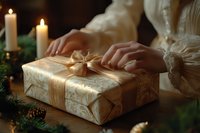 Female hands tying golden bow on elegant wrapped Christmas present with decorative paper. Festive holiday setting with glowing candles and pine branches.