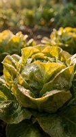 Fresh organic lettuce head growing in sunny vegetable garden with morning dew drops on green leaves for healthy eating and sustainable farming.