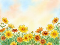 Watercolor yellow and orange wildflowers blooming against a soft pastel sky, creating a cheerful summer meadow scene for cards and prints.
