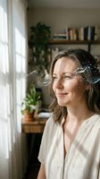 Young woman with soap bubbles floating around her face in bright home interior with plants and books creating magical moment of joy and wonder.