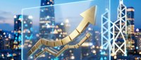 Growth arrow showing upward financial trend with cityscape background, representing business success, investment returns, and market expansion for corporate presentations.
