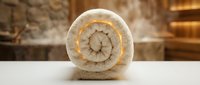 Rolled soft towel with glowing warm light on white surface in spa setting, symbolizing relaxation, luxury wellness, and self-care.