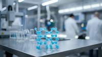 Modern laboratory with molecular structure model on table while scientists work in blurred background. Scientific research and chemistry concept.