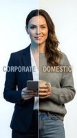 Split screen showing professional businesswoman in suit with tablet and casual woman in sweater with coffee cup representing work life balance concept.