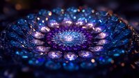 Mesmerizing spiral fractal pattern in deep blue and purple hues with glowing light effects and intricate details creating cosmic mandala-like design.