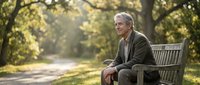 Senior Caucasian man with gray hair sitting peacefully on wooden park bench during golden hour autumn morning, enjoying retirement leisure time outdoors.