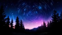 Stunning night sky with swirling star trails over silhouetted pine forest and mountains. Long exposure astrophotography showing celestial motion in deep space.