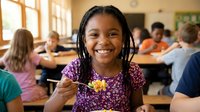 Happy African American girl with braids smiling in elementary school classroom during lesson with diverse classmates studying at desks in background.