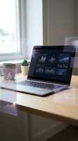 Modern laptop displaying data analytics dashboard with charts and graphs on wooden desk in bright office workspace for business intelligence.