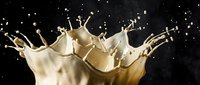 Creamy milk splash with dynamic liquid waves and droplets frozen in motion against dark background for beverage and dairy product advertising.