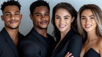 Diverse group of young professionals in black formal attire smiling confidently against dark background, representing teamwork and success in business setting.