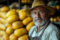Senior farmer with gray beard wearing straw hat and apron at local market with fresh yellow melons in background, representing agricultural lifestyle.