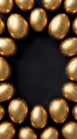 Golden ornate Easter eggs arranged in circular frame on dark background with decorative floral patterns for holiday greeting cards and festive designs.