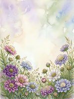 Watercolor wildflower border with purple, pink and blue blooms on soft pastel background, copy space for greeting cards and invitations.