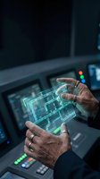 Senior engineer hands manipulating holographic circuit board display in futuristic control room with glowing blue and green digital interface technology.