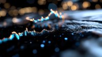 Financial data visualization with glowing blue and orange upward trending graph lines on dark surface, representing stock market growth, investment analysis, and business performance metrics.