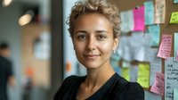 Young mixed-race businesswoman smiling confidently in modern office with colorful sticky notes on glass wall behind her for corporate presentations.