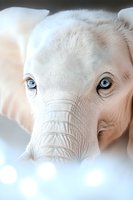 Close-up portrait of young white elephant with piercing blue eyes against soft bokeh background, showing gentle expression and delicate features of trunk and face.
