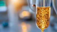 Sparkling champagne flute with rising golden bubbles against blurred festive background, elegant celebration drink with effervescent fizz and bokeh lights.