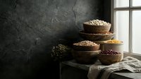 Assorted legumes and grains in rustic bowls arranged on wooden table with dark textured wall background and natural window light for food styling and culinary content.