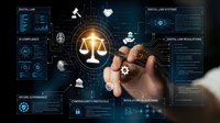 Professional hand touching digital justice scales interface with futuristic legal technology dashboard and holographic law system elements.