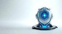 Futuristic robotic sphere with glowing blue core and metallic silver casing on white background, isolated for design use.