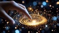 Magical hand touching glowing spiral of golden light particles with blue bokeh effect on dark background, creating mystical cosmic energy swirl.