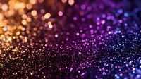 Magical glitter bokeh background with purple and gold sparkles creating dreamy abstract texture. Defocused lights pattern for festive designs and celebrations.