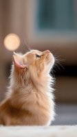 Cream colored longhair cat looking up at glowing light circle with curious expression, soft focus background creates dreamy atmosphere. Fluffy feline portrait captures wonder.