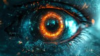Futuristic cyber eye with glowing orange iris and digital circuit patterns against turquoise background represents artificial intelligence and biometric scanning technology.