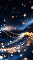 Magical glowing golden particles flowing in waves against dark blue background with bokeh light effects, creating ethereal abstract design for luxury backgrounds.
