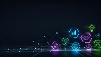 Digital technology network with glowing hexagonal icons and connecting lines on dark background for business presentations and tech concepts.