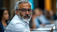 Middle-aged businessman with gray beard and glasses looking confidently at camera during corporate meeting, wearing white shirt, professional workplace setting.
