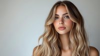 Young Caucasian woman with long wavy blonde balayage hair and natural makeup poses against neutral background, showcasing modern beauty and hairstyling trends.